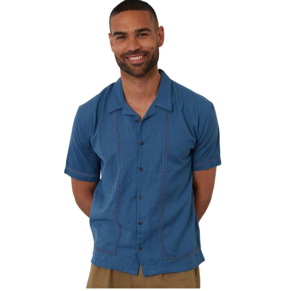 Threadbare Mens Embroidered Collared Short-Sleeved Bowling Shirt / Denim